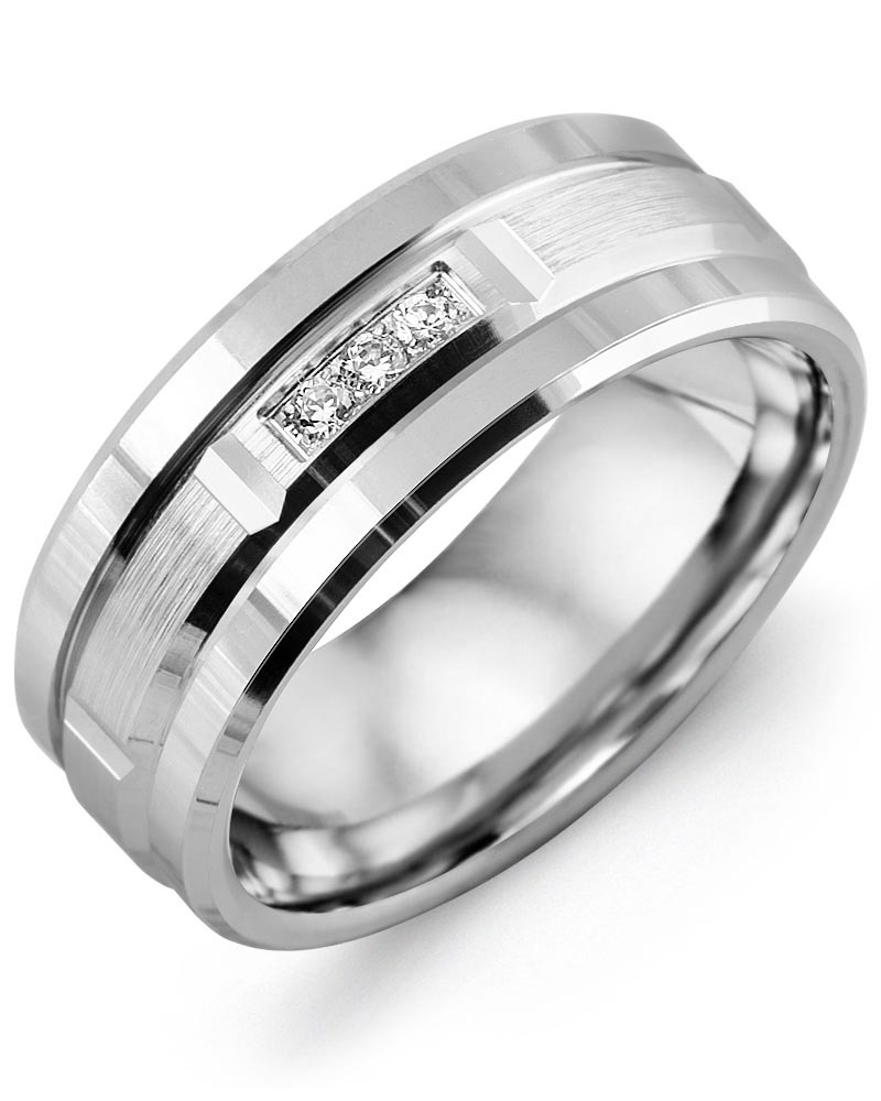 Men's & Women's White Gold + 3 Diamonds 0.06ct Wedding Band from MADANI Rings. Wedding bands, fashion rings, promise rings, made of Tungsten, Ceramic, Cobalt, and Gold. View the collection at madanirings.com