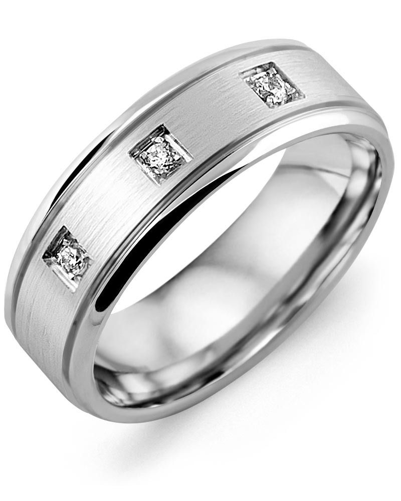 Men's & Women's White Gold + 3 Diamonds 0.09ct Wedding Band from MADANI Rings. Wedding bands, fashion rings, promise rings, made of Tungsten, Ceramic, Cobalt, and Gold. View the collection at madanirings.com