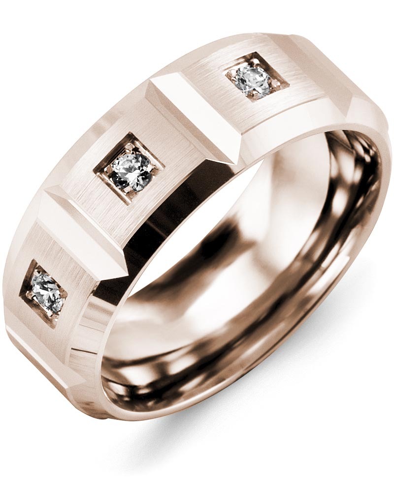 Men's & Women's Rose Gold + 3 Diamonds 0.15ct Wedding Band