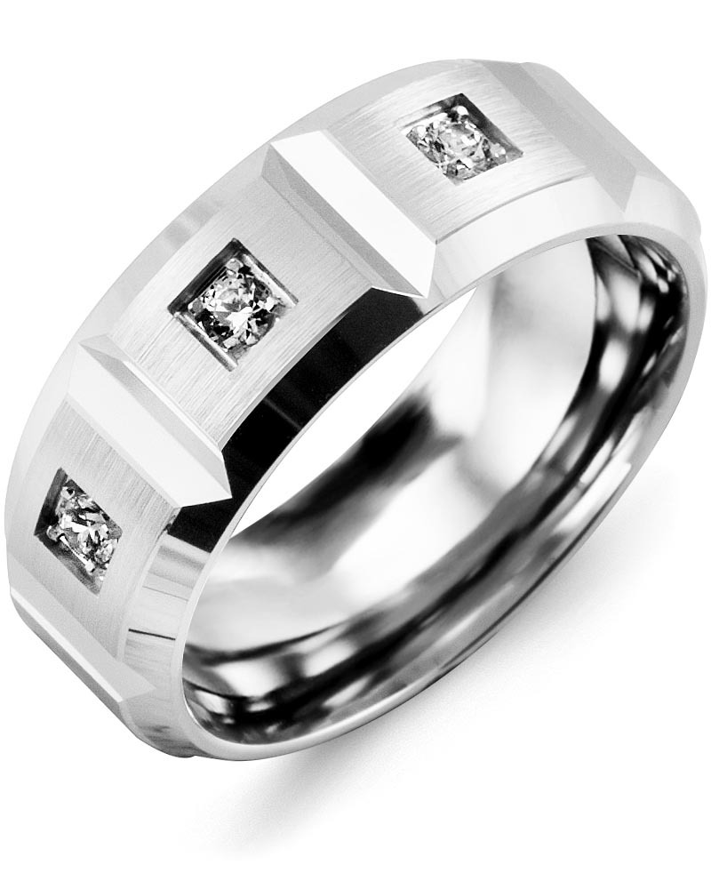 Men's & Women's White Gold + 3 Diamonds 0.15ct Wedding Band from MADANI Rings. Wedding bands, fashion rings, promise rings, made of Tungsten, Ceramic, Cobalt, and Gold. View the collection at madanirings.com