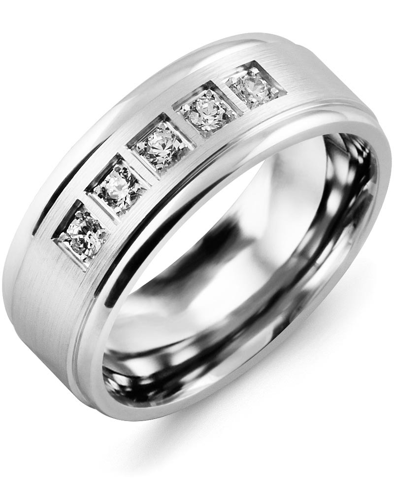 Men's & Women's White Gold + 5 Diamonds 0.25ct Wedding Band from MADANI Rings. Wedding bands, fashion rings, promise rings, made of Tungsten, Ceramic, Cobalt, and Gold. View the collection at madanirings.com