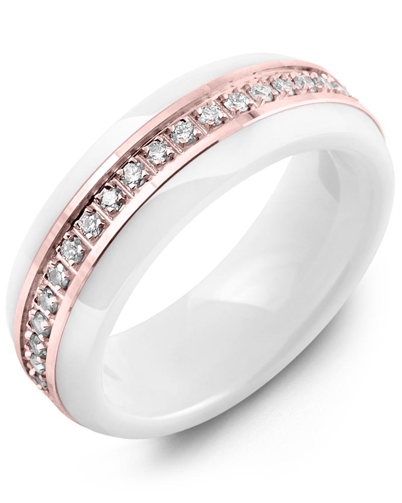Men's & Women's White Ceramic & Rose Gold + 21 Diamonds 0.21ct Wedding Band
