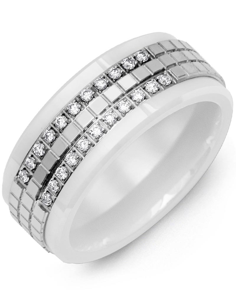 Men's & Women's White Ceramic & White Gold + 22 Diamonds 0.22ct Wedding Band from MADANI Rings. Wedding bands, fashion rings, promise rings, made of Tungsten, Ceramic, Cobalt, and Gold. View the collection at madanirings.com