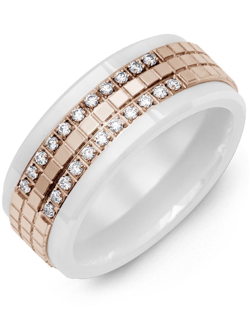 Men's & Women's White Ceramic & Rose Gold + 22 Diamonds 0.22ct Wedding Band