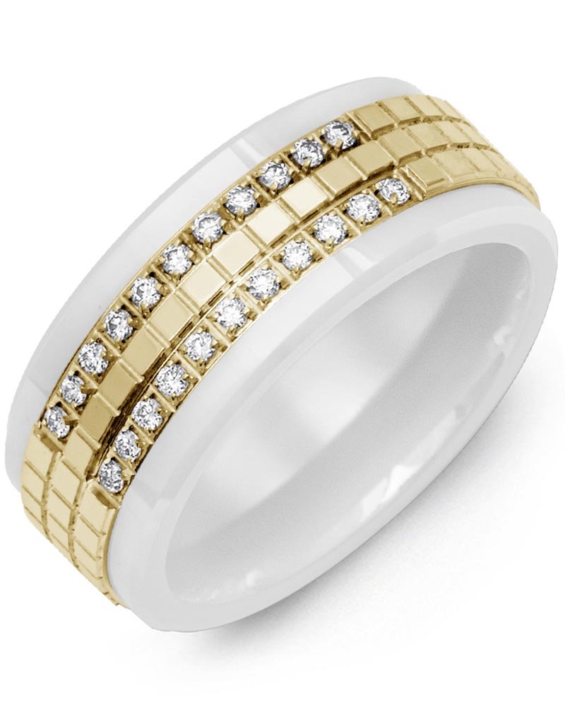 Men's & Women's White Ceramic & Yellow Gold + 22 Diamonds 0.22ct Wedding Band