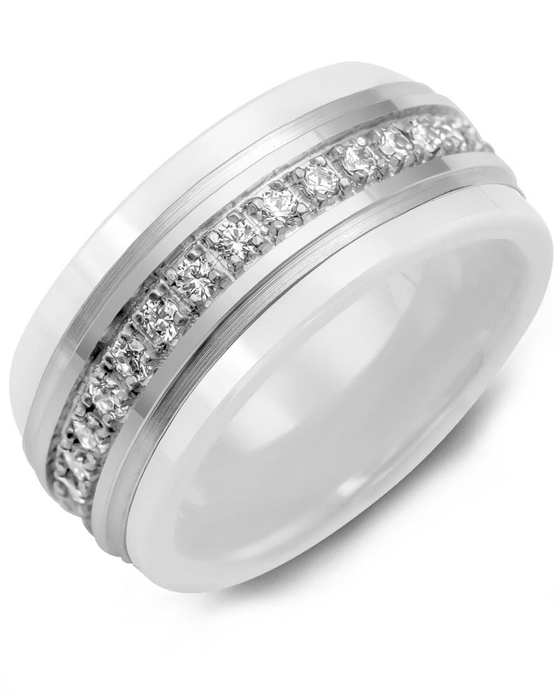 Men's & Women's White Ceramic & White Gold + 17 Diamonds 0.34ct Wedding Band from MADANI Rings. Wedding bands, fashion rings, promise rings, made of Tungsten, Ceramic, Cobalt, and Gold. View the collection at madanirings.com