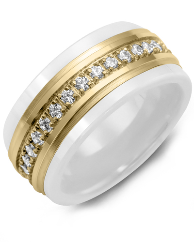 Men's & Women's White Ceramic & Yellow Gold + 17 Diamonds 0.34ct Wedding Band