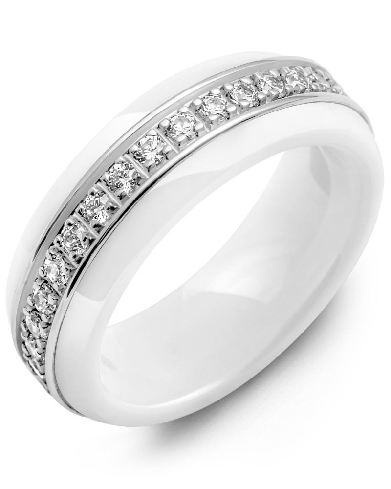 Men's & Women's White Ceramic & White Gold + 17 Diamonds 0.34ct Wedding Band from MADANI Rings. Wedding bands, fashion rings, promise rings, made of Tungsten, Ceramic, Cobalt, and Gold. View the collection at madanirings.com