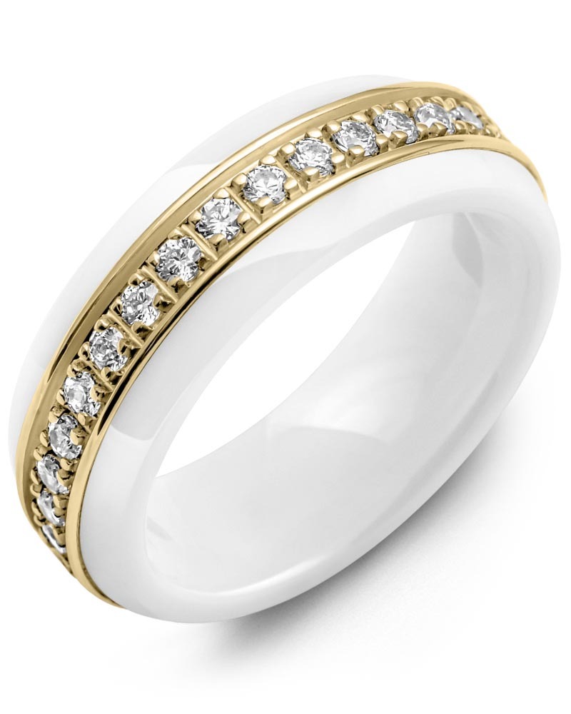 Men's & Women's White Ceramic & Yellow Gold + 17 Diamonds 0.34ct Wedding Band