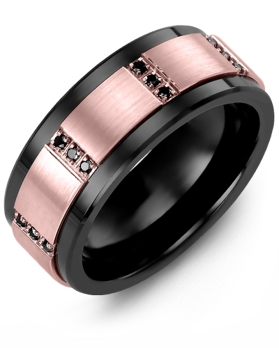 Men's & Women's Black Ceramic & Rose Gold + 12 Black Diamonds 0.12ct Wedding Band
