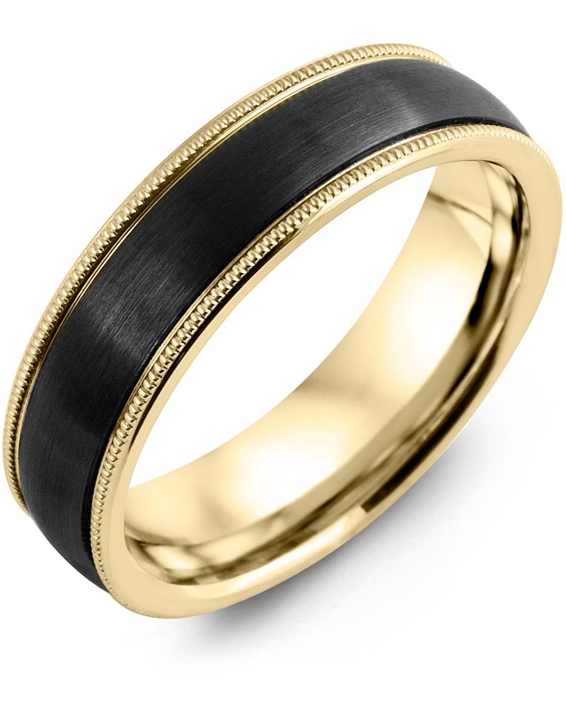 Men's & Women's Yellow Gold & Black Ceramic Wedding Band from MADANI Rings. Wedding bands, fashion rings, promise rings, made of Tungsten, Ceramic, Cobalt, and Gold. View the collection at madanirings.com