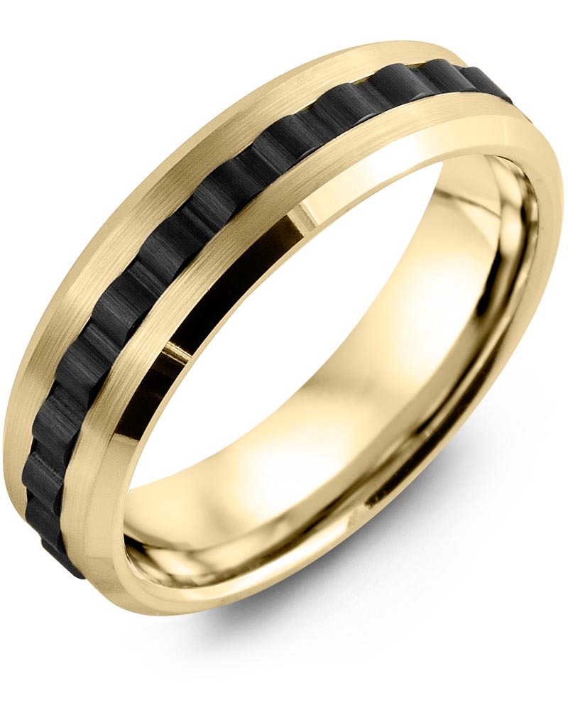 Men's & Women's Yellow Gold & Black Ceramic Wedding Band from MADANI Rings. Wedding bands, fashion rings, promise rings, made of Tungsten, Ceramic, Cobalt, and Gold. View the collection at madanirings.com