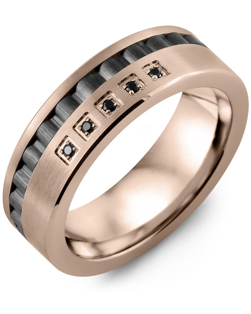 Men's & Women's Rose Gold & Black Ceramic + 5 Black Diamonds 0.05ct Wedding Band