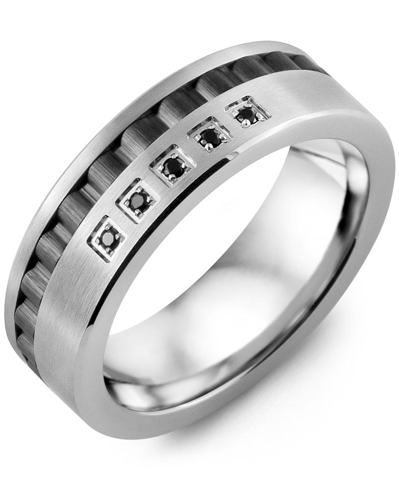 Men's & Women's White Gold & Black Ceramic + 5 Black Diamonds 0.05ct Wedding Band
