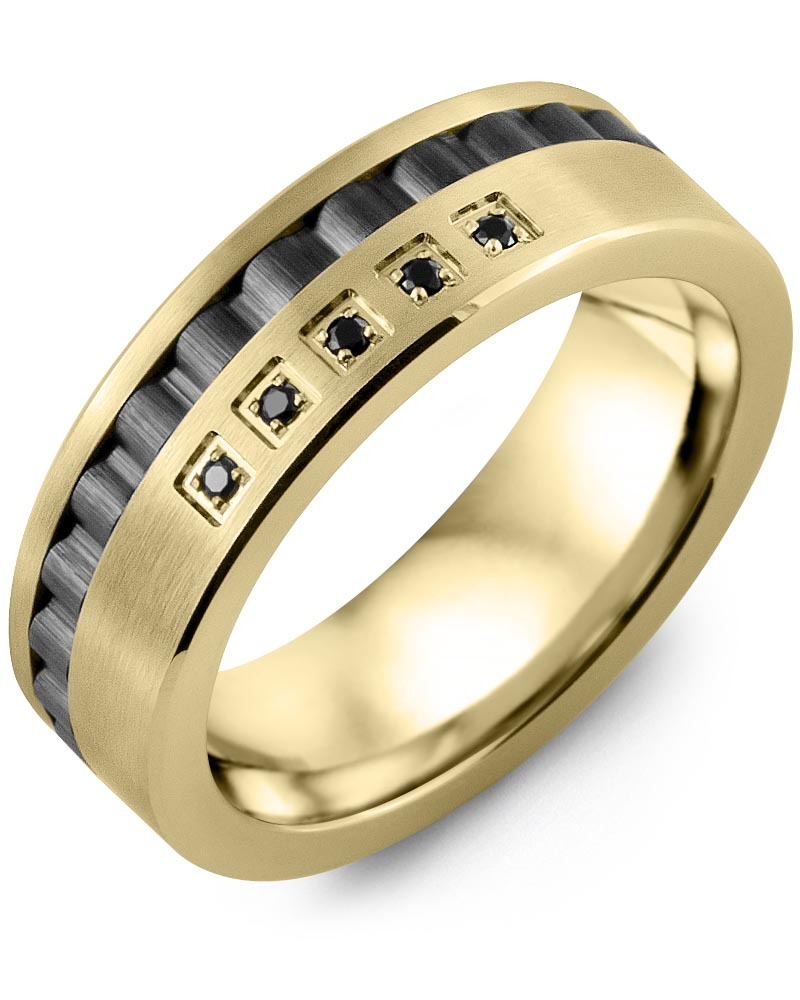 Men's & Women's Yellow Gold & Black Ceramic + 5 Black Diamonds 0.05ct Wedding Band from MADANI Rings. Wedding bands, fashion rings, promise rings, made of Tungsten, Ceramic, Cobalt, and Gold. View the collection at madanirings.com