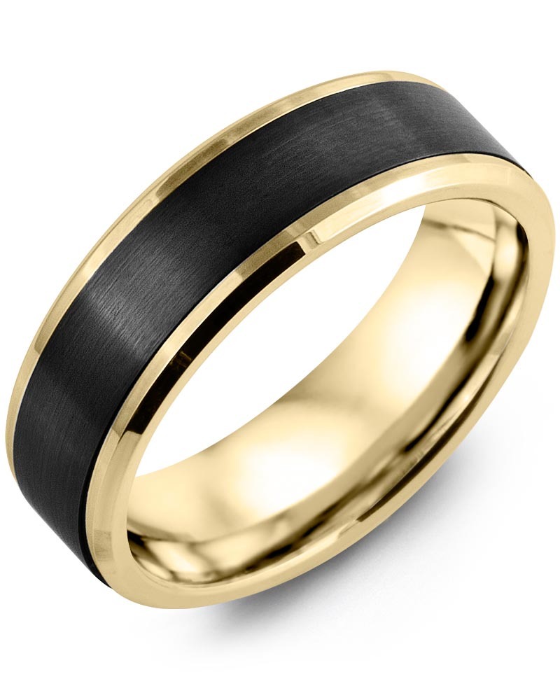 Men's & Women's Yellow Gold & Black Ceramic Wedding Band from MADANI Rings. Wedding bands, fashion rings, promise rings, made of Tungsten, Ceramic, Cobalt, and Gold. View the collection at madanirings.com