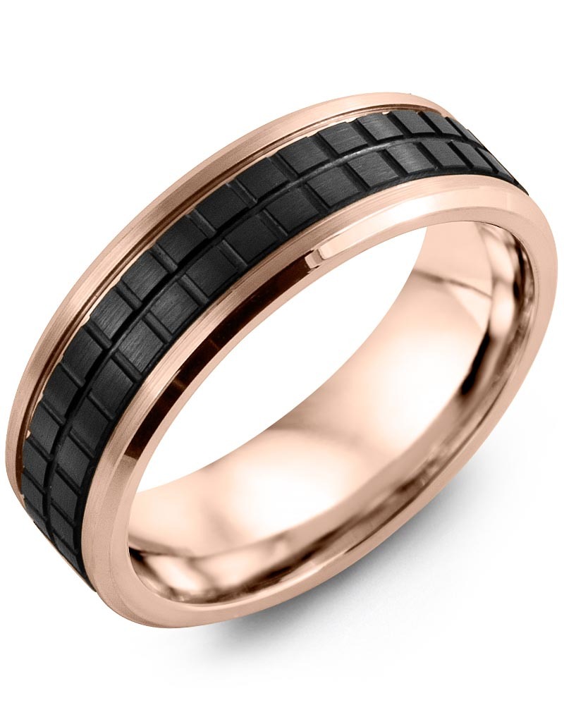Men's & Women's Rose Gold & Black Ceramic Wedding Band from MADANI Rings. Wedding bands, fashion rings, promise rings, made of Tungsten, Ceramic, Cobalt, and Gold. View the collection at madanirings.com