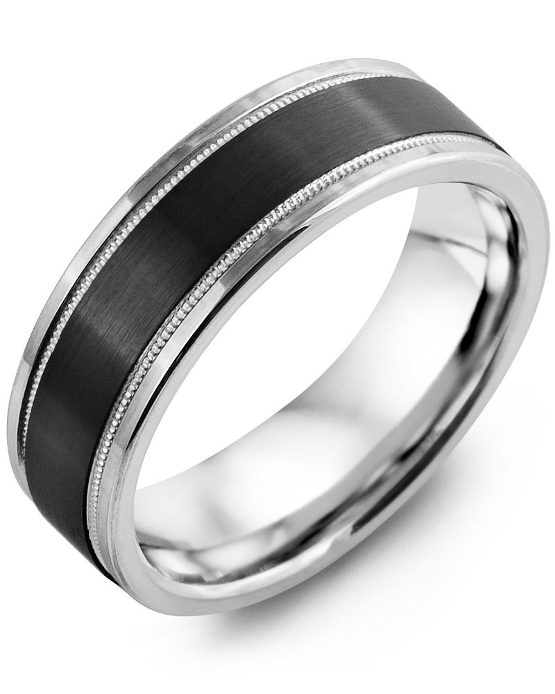 Men's & Women's White Gold & Black Ceramic Wedding Band from MADANI Rings. Wedding bands, fashion rings, promise rings, made of Tungsten, Ceramic, Cobalt, and Gold. View the collection at madanirings.com