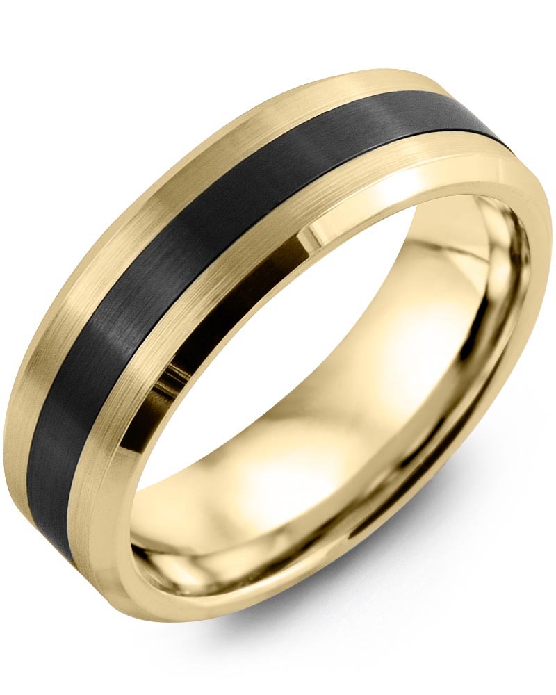 Men's & Women's Yellow Gold & Black Ceramic Wedding Band from MADANI Rings. Wedding bands, fashion rings, promise rings, made of Tungsten, Ceramic, Cobalt, and Gold. View the collection at madanirings.com