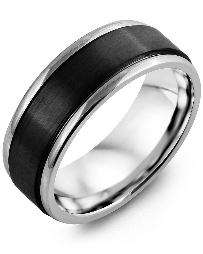 Men's & Women's White Gold & Black Ceramic Wedding Band from MADANI Rings. Wedding bands, fashion rings, promise rings, made of Tungsten, Ceramic, Cobalt, and Gold. View the collection at madanirings.com