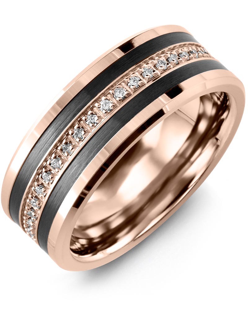 Men's & Women's Rose Gold & Black Ceramic + 21 Diamonds 0.21ct Wedding Band