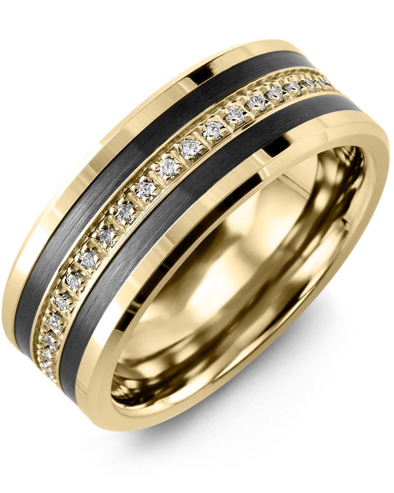 Men's & Women's Yellow Gold & Black Ceramic + 21 Diamonds 0.21ct Wedding Band from MADANI Rings. Wedding bands, fashion rings, promise rings, made of Tungsten, Ceramic, Cobalt, and Gold. View the collection at madanirings.com