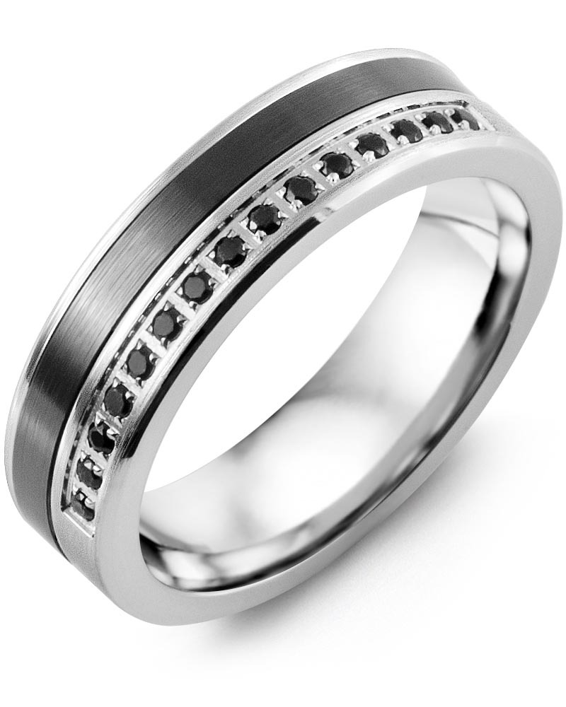 Men's & Women's White Gold & Black Ceramic + 15 Black Diamonds 0.15ct Wedding Band from MADANI Rings. Wedding bands, fashion rings, promise rings, made of Tungsten, Ceramic, Cobalt, and Gold. View the collection at madanirings.com