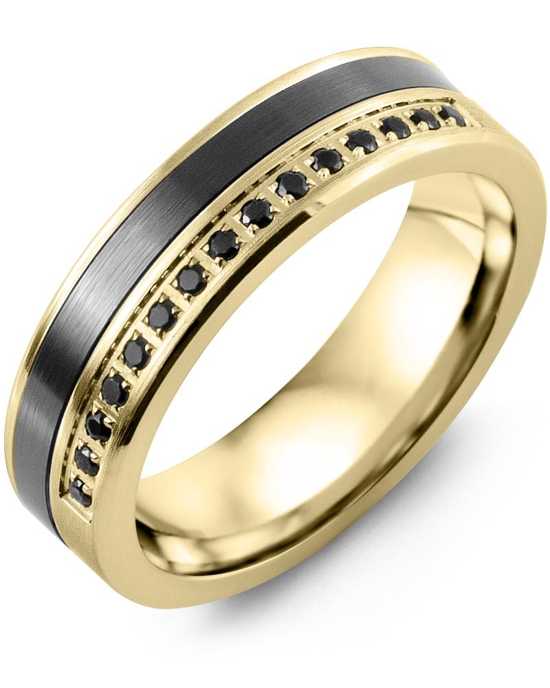 Men's & Women's Yellow Gold & Black Ceramic + 15 Black Diamonds 0.15ct Wedding Band