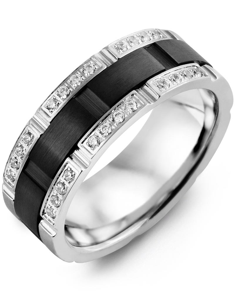 Men's & Women's White Gold & Black Ceramic + 24 Diamonds 0.24ct Wedding Band from MADANI Rings. Wedding bands, fashion rings, promise rings, made of Tungsten, Ceramic, Cobalt, and Gold. View the collection at madanirings.com