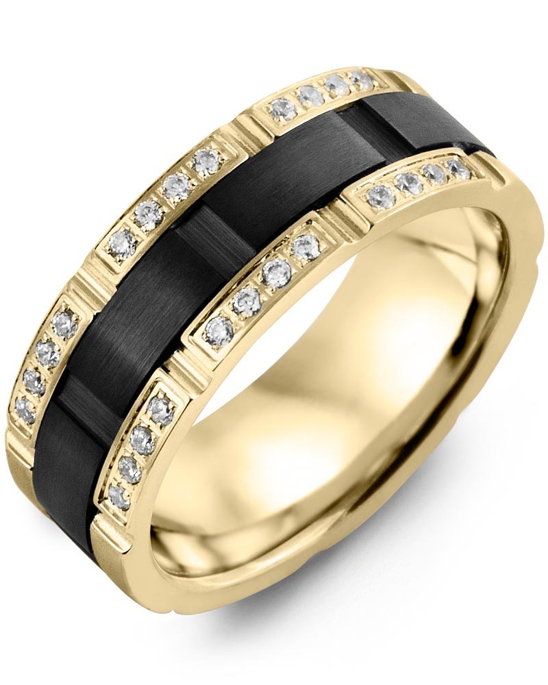Men's & Women's Yellow Gold & Black Ceramic + 24 Diamonds 0.24ct Wedding Band