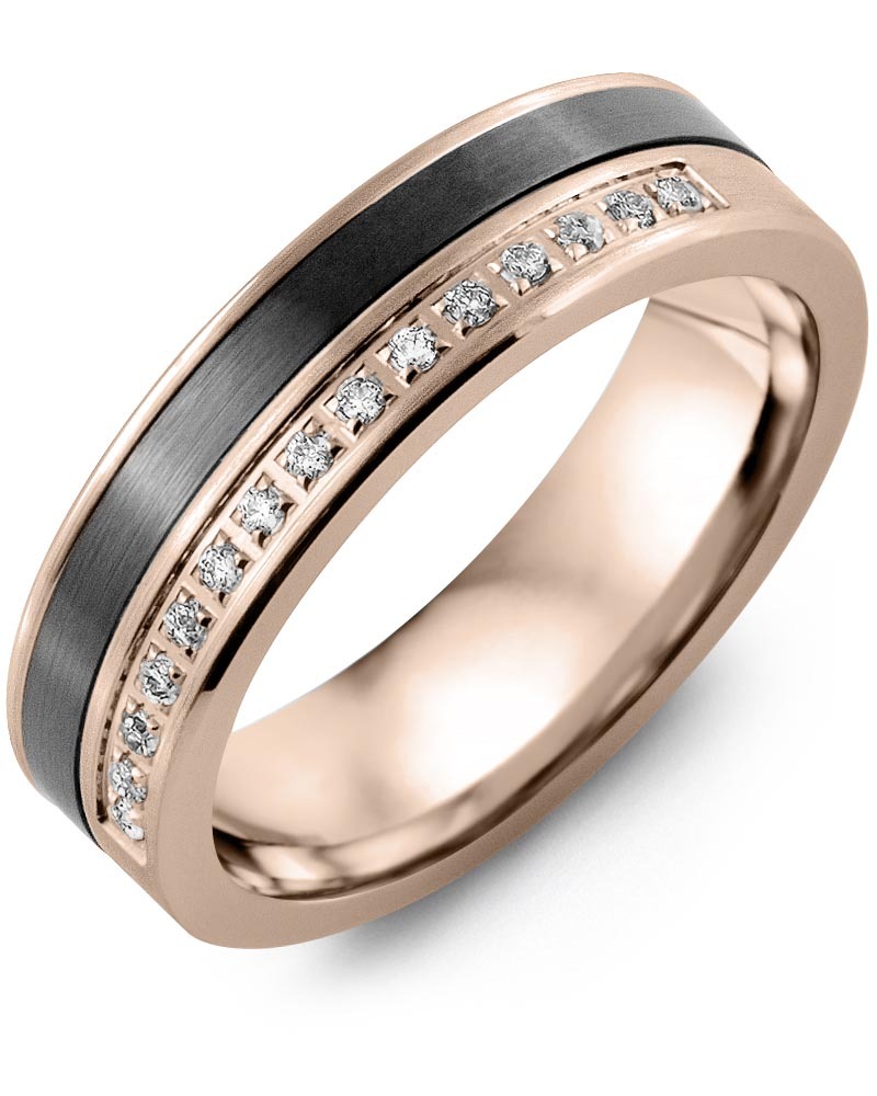 Men's & Women's Rose Gold & Black Ceramic + 15 Diamonds 0.15ct Wedding Band from MADANI Rings. Wedding bands, fashion rings, promise rings, made of Tungsten, Ceramic, Cobalt, and Gold. View the collection at madanirings.com