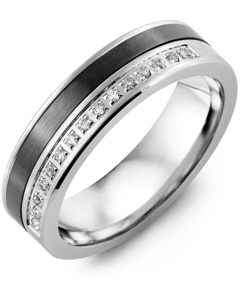 Men's & Women's White Gold & Black Ceramic + 15 Diamonds 0.15ct Wedding Band
