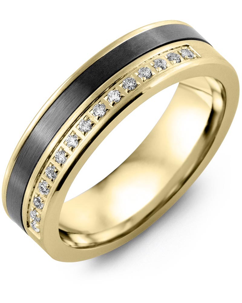 Men's & Women's Yellow Gold & Black Ceramic + 15 Diamonds 0.15ct Wedding Band