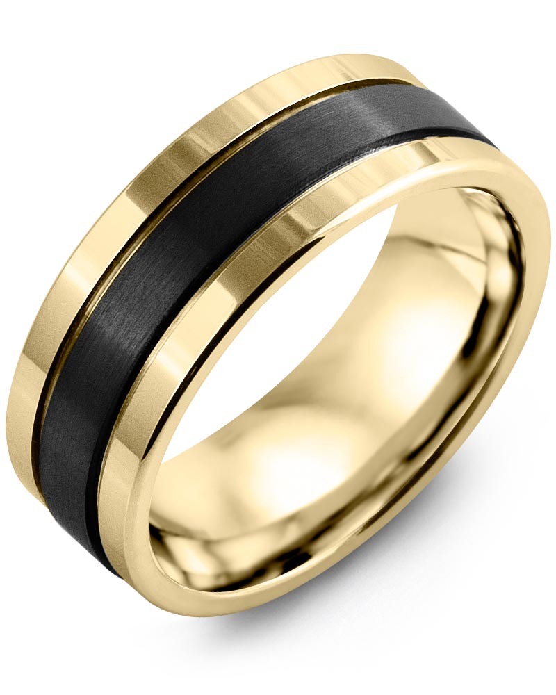 Men's & Women's Yellow Gold & Black Ceramic Wedding Band from MADANI Rings. Wedding bands, fashion rings, promise rings, made of Tungsten, Ceramic, Cobalt, and Gold. View the collection at madanirings.com