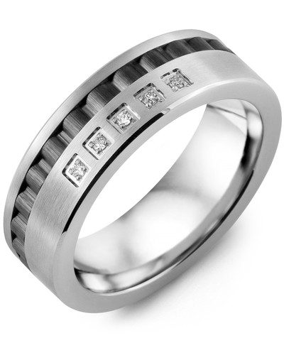 Men's Grooved Black Ceramic Wedding Band Spaced Diamonds in White Gold & Black Ceramic