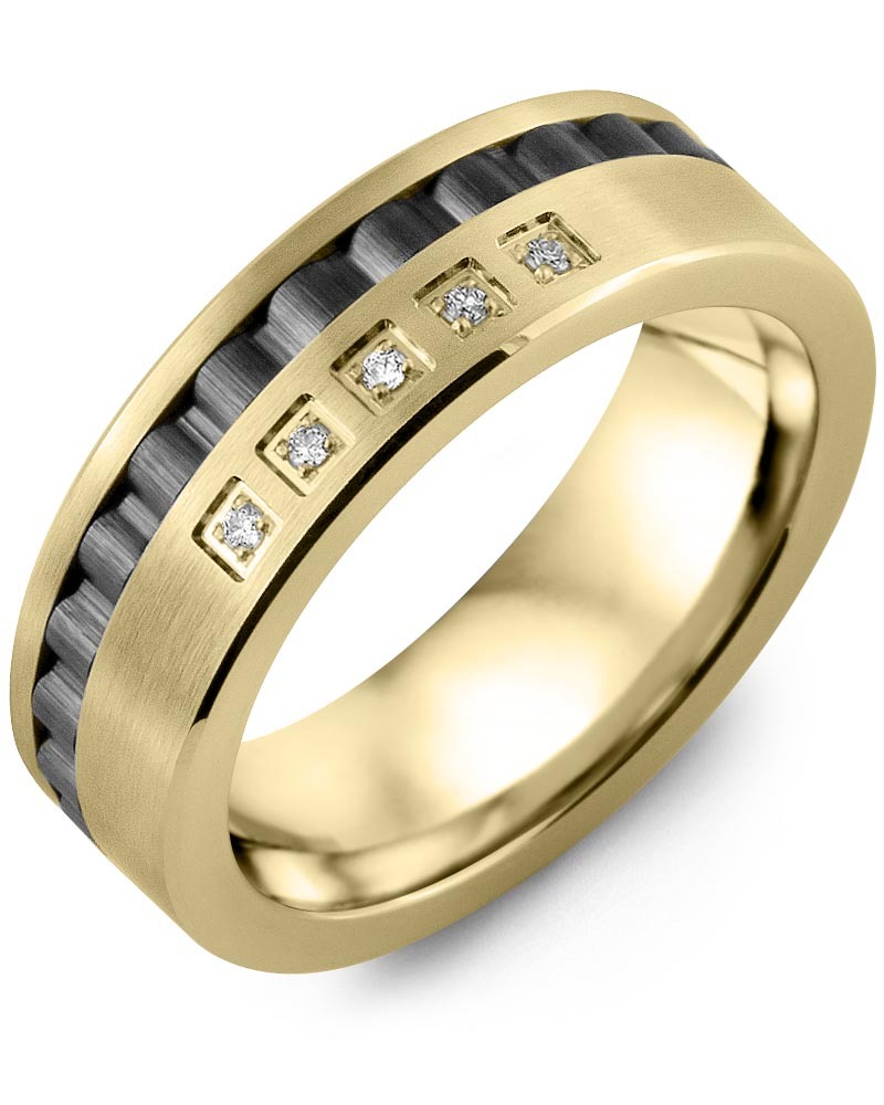 Men's & Women's Yellow Gold & Black Ceramic + 5 Diamonds 0.05ct Wedding Band
