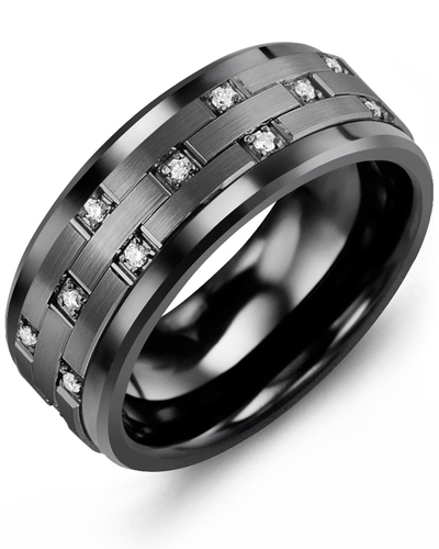 Men's & Women's Black Ceramic & Black Gold + 11 Diamonds 0.11ct Wedding Band