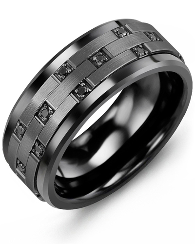 Men's & Women's Black Ceramic & Black Gold + 10 Black Diamonds 0.10ct Wedding Band
