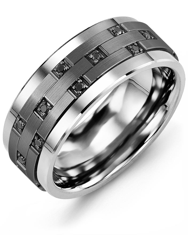 Men's & Women's Tungsten & Black Gold + 10 Black Diamonds 0.10ct Wedding Band