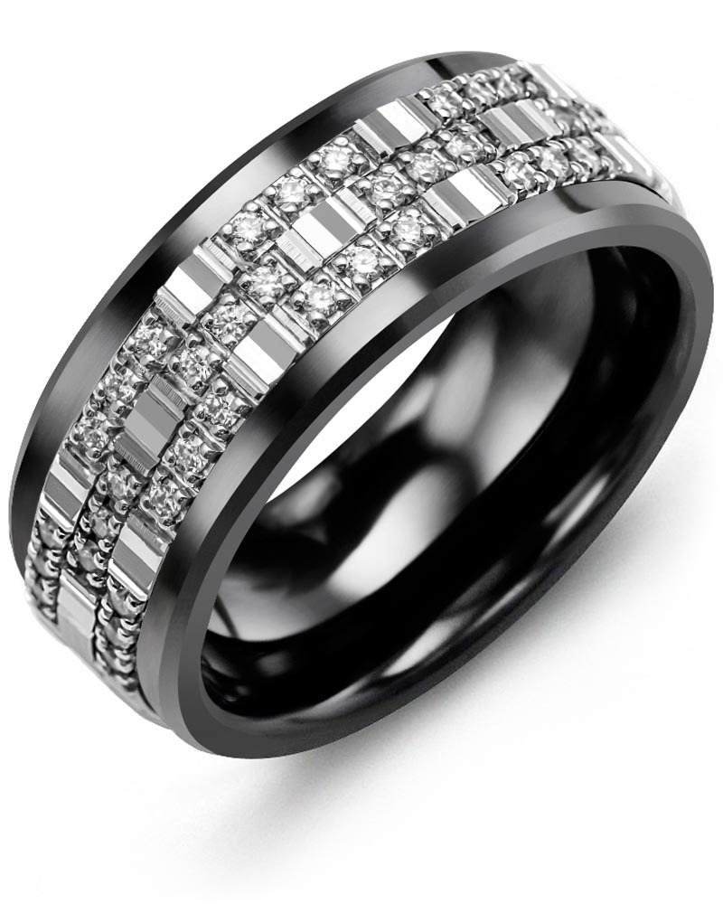 Men's & Women's Black Ceramic & White Gold + 42 Diamonds 0.42ct Wedding Band