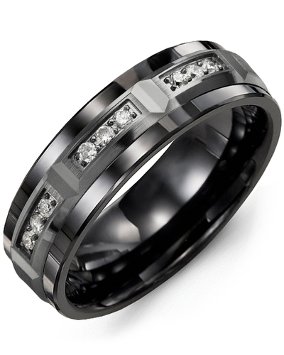Men's & Women's Black Ceramic & Black Gold + 9 Diamonds 0.18ct Wedding Band