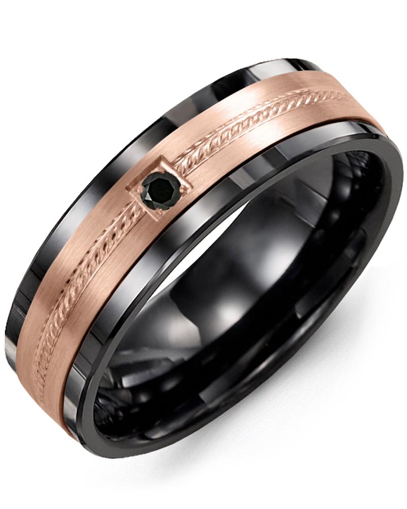 Men's & Women's Black Ceramic & Rose Gold + 1 Black Diamond 0.05ct Wedding Band