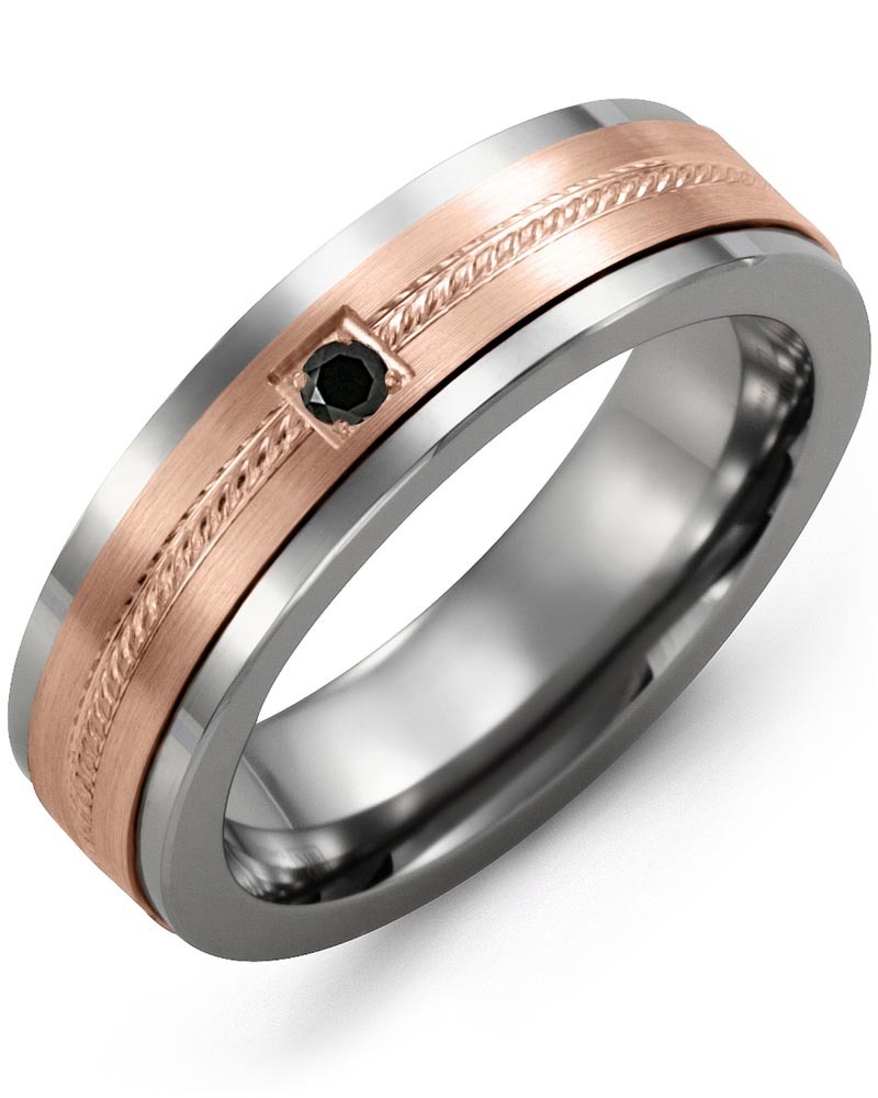 Men's & Women's Tungsten & Rose Gold + 1 Black Diamond 0.05ct Wedding Band