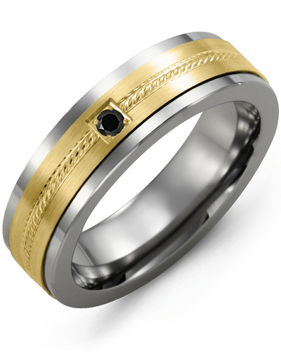 Men's & Women's Tungsten & Yellow Gold + 1 Black Diamond 0.05ct Wedding Band