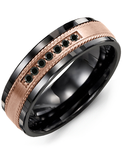 Men's & Women's Black Ceramic & Rose Gold + 7 Black Diamonds 0.14ct Wedding Band
