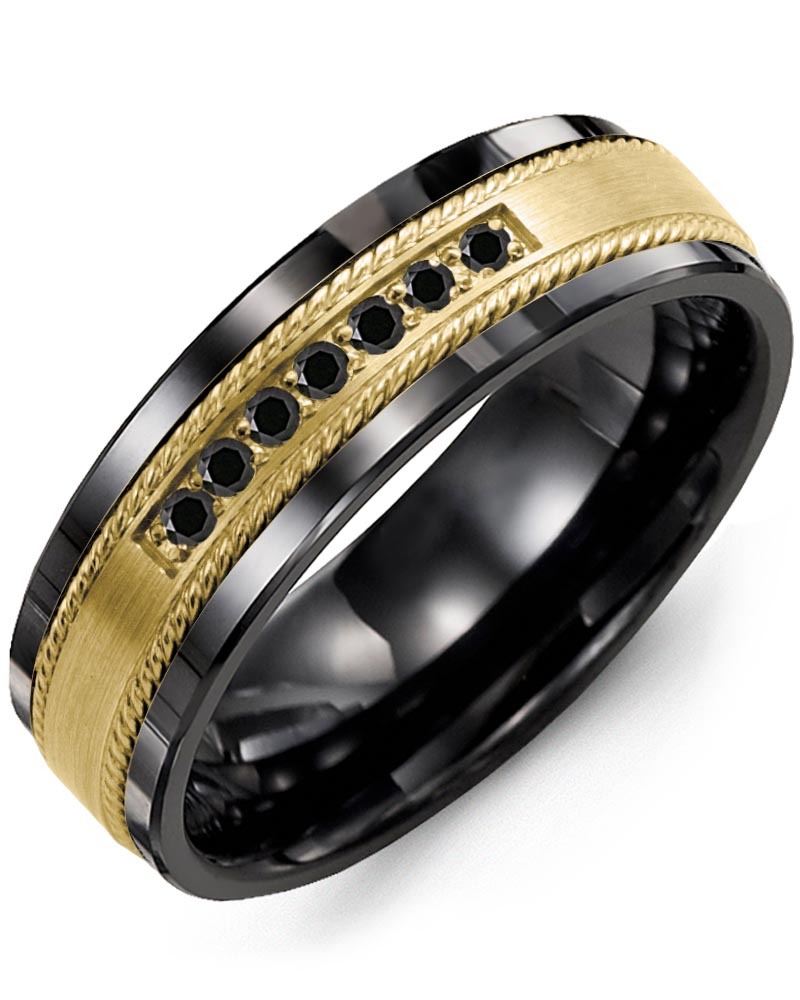 Men's & Women's Black Ceramic & Yellow Gold + 7 Black Diamonds 0.14ct Wedding Band from MADANI Rings. Wedding bands, fashion rings, promise rings, made of Tungsten, Ceramic, Cobalt, and Gold. View the collection at madanirings.com