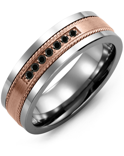 Men's & Women's Tungsten & Rose Gold + 7 Black Diamonds 0.14ct Wedding Band