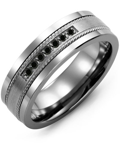 Men's & Women's Tungsten & White Gold + 7 Black Diamonds 0.14ct Wedding Band