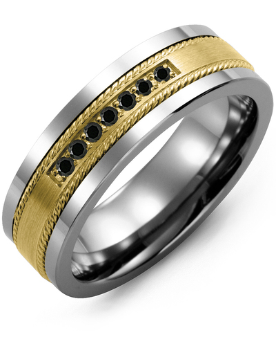 Men's & Women's Tungsten & Yellow Gold + 7 Black Diamonds 0.14ct Wedding Band