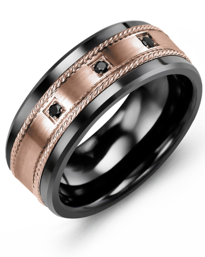 Men's & Women's Black Ceramic & Rose Gold + 3 Black Diamonds 0.06ct Wedding Band